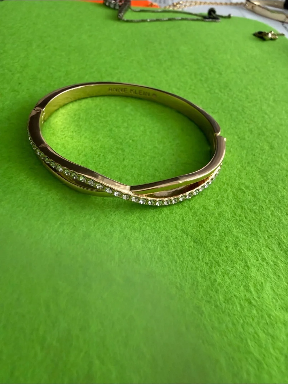 Anne Klein Gold-Tone Crystal Twist Hinge Bangle Bracelet